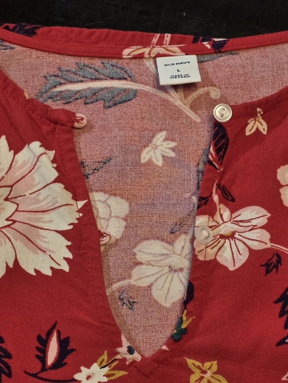 Old Navy Red Floral Smocked Shoulder Long Sleeve Blouse Top L - Picture 4 of 7